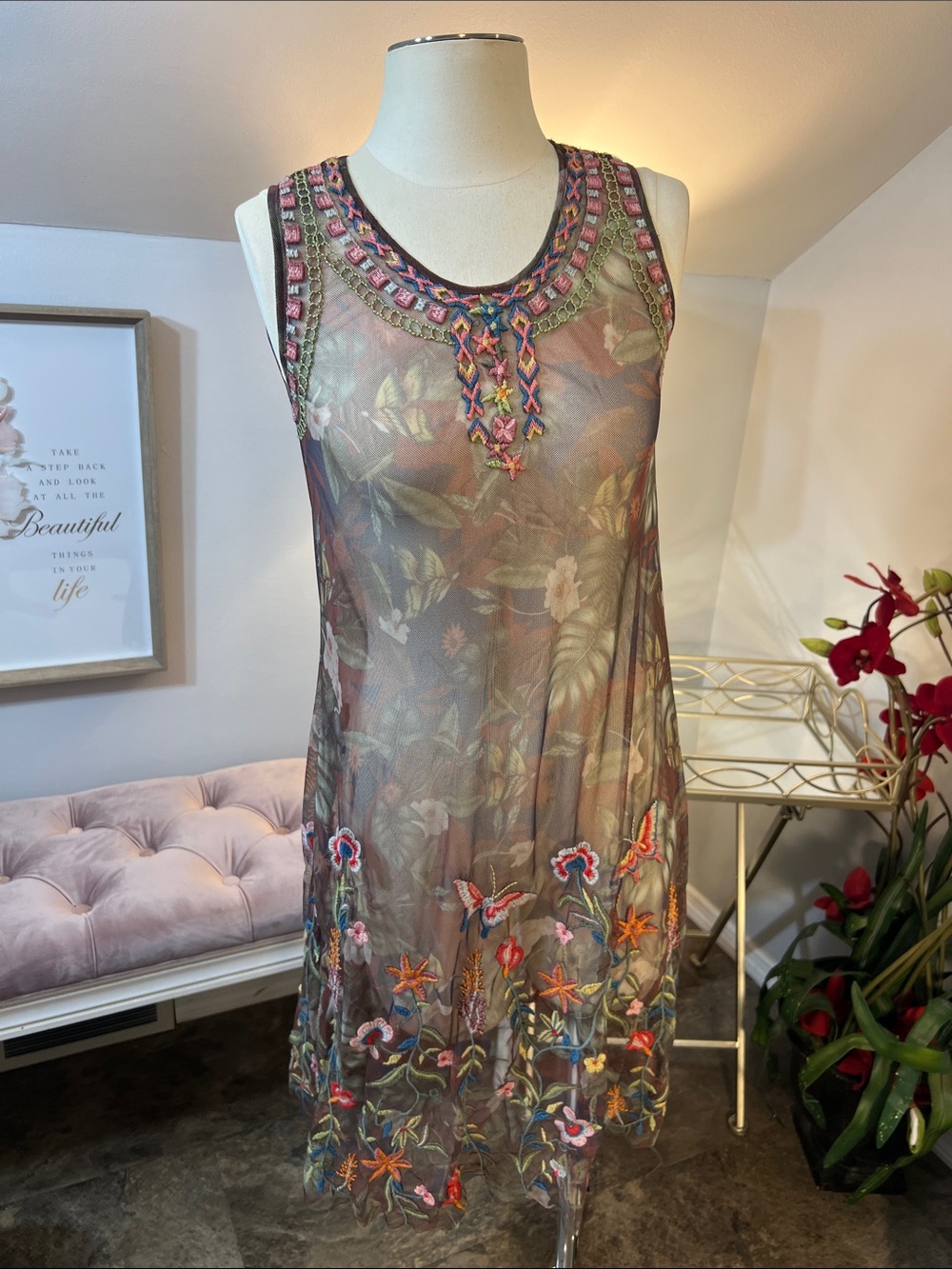 BIYA by Johnny Was Embroidered Floral Sheer Mesh Floral Butterfly Dress Size XS